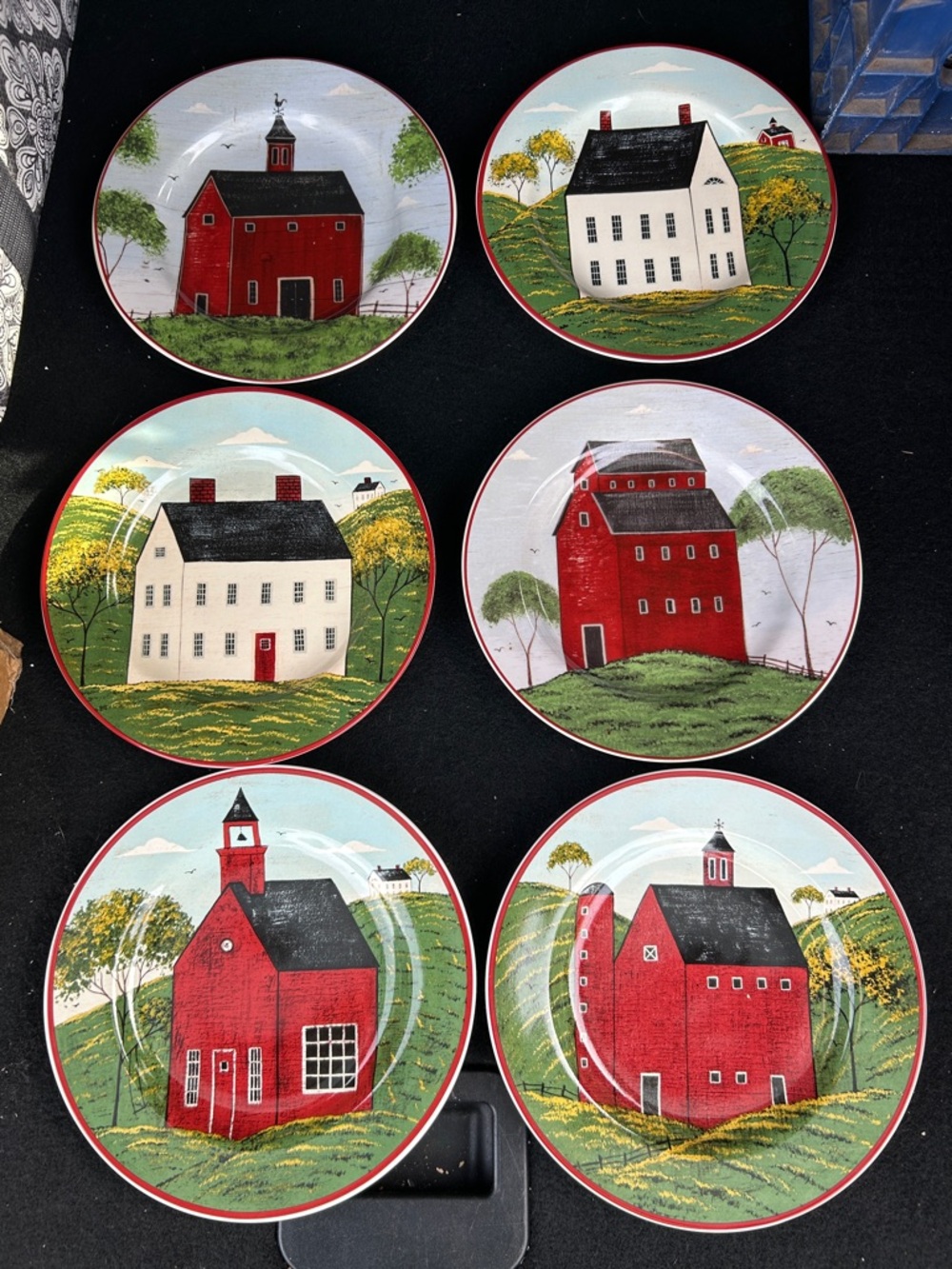 Set of 6 Scenic Red & White Farmhouse Salad/Dessert Plates